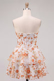 Strapless Blue Flower Corset Tiered Ruffle A Line Homecoming Dress