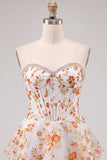 Strapless Blue Flower Corset Tiered Ruffle A Line Homecoming Dress
