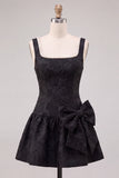 Pink Jacquard A Line Square Neck Pearl Short Homecoming Dress with Bow