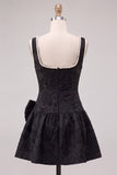 Pink Jacquard A Line Square Neck Pearl Short Homecoming Dress with Bow
