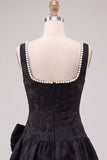Pink Jacquard A Line Square Neck Pearl Short Homecoming Dress with Bow