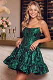 Dark Green A Line Corset Strapless Jacquard Short Homecoming Dress