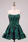 Dark Green A Line Corset Strapless Jacquard Short Homecoming Dress