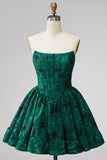 Dark Green A Line Corset Strapless Jacquard Short Homecoming Dress