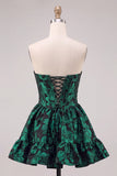 Dark Green A Line Corset Strapless Jacquard Short Homecoming Dress