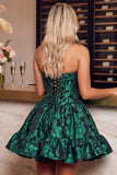 Dark Green A Line Corset Strapless Jacquard Short Homecoming Dress