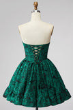 Dark Green A Line Corset Strapless Jacquard Short Homecoming Dress