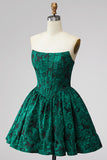 Dark Green A Line Corset Strapless Jacquard Short Homecoming Dress