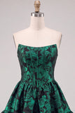 Dark Green A Line Corset Strapless Jacquard Short Homecoming Dress