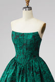 Dark Green A Line Corset Strapless Jacquard Short Homecoming Dress