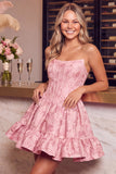 Dark Green A Line Corset Strapless Jacquard Short Homecoming Dress