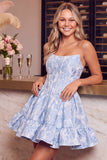 Dark Green A Line Corset Strapless Jacquard Short Homecoming Dress