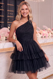 One Shoulder Navy Tulle A Line Homecoming Dress with Ruffles