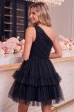One Shoulder Navy Tulle A Line Homecoming Dress with Ruffles