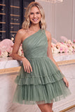 One Shoulder Navy Tulle A Line Homecoming Dress with Ruffles