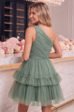 One Shoulder Navy Tulle A Line Homecoming Dress with Ruffles