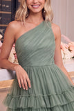 One Shoulder Navy Tulle A Line Homecoming Dress with Ruffles