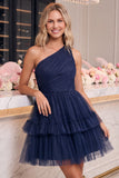 One Shoulder Navy Tulle A Line Homecoming Dress with Ruffles