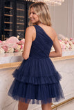 One Shoulder Navy Tulle A Line Homecoming Dress with Ruffles