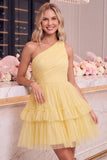 One Shoulder Navy Tulle A Line Homecoming Dress with Ruffles