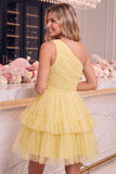 One Shoulder Navy Tulle A Line Homecoming Dress with Ruffles