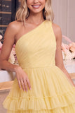 One Shoulder Navy Tulle A Line Homecoming Dress with Ruffles