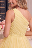 One Shoulder Navy Tulle A Line Homecoming Dress with Ruffles