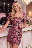 Black Red Flower Jacquard Bodycon Short Homecoming Dress with Puff Sleeves