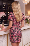 Black Red Flower Jacquard Bodycon Short Homecoming Dress with Puff Sleeves