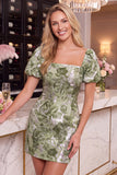 Black Red Flower Jacquard Bodycon Short Homecoming Dress with Puff Sleeves