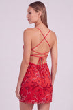 Red Bodycon Sequin Beaded Short Homecoming Dress with Lace-up Back