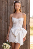 Ivory Lace Corset Bodycon Pearl Strapless Short Bridal Shower Dress with Bow