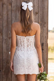 Ivory Lace Corset Bodycon Pearl Strapless Short Bridal Shower Dress with Bow