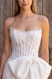 Ivory Lace Corset Bodycon Pearl Strapless Short Bridal Shower Dress with Bow