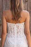 Ivory Lace Corset Bodycon Pearl Strapless Short Bridal Shower Dress with Bow