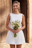 Ivory Lace A Line Pearl Boat Neck Short Bridal Shower Dress with Bow