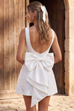 Ivory Lace A Line Pearl Boat Neck Short Bridal Shower Dress with Bow