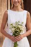 Ivory Lace A Line Pearl Boat Neck Short Bridal Shower Dress with Bow