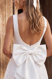 Ivory Lace A Line Pearl Boat Neck Short Bridal Shower Dress with Bow