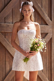 Lace Ivory Pearl Strapless Short Bridal Shower Dress with Bow