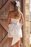 Lace Ivory Pearl Strapless Short Bridal Shower Dress with Bow