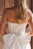 Lace Ivory Pearl Strapless Short Bridal Shower Dress with Bow