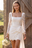 Ivory Lace Square Neck Long Sleeve Bridal Shower Dress with Bow