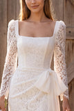 Ivory Lace Square Neck Long Sleeve Bridal Shower Dress with Bow