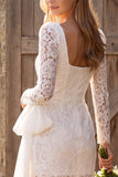 Ivory Lace Square Neck Long Sleeve Bridal Shower Dress with Bow