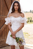 Off the Shoulder Ivory Ruffled A Line Lace Bridal Shower Dress