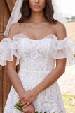 Off the Shoulder Ivory Ruffled A Line Lace Bridal Shower Dress