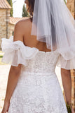 Off the Shoulder Ivory Ruffled A Line Lace Bridal Shower Dress