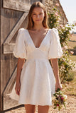 Ivory A Line V Neck Jacquard Short Bridal Shower Dress with Puff Sleeves