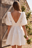 Ivory A Line V Neck Jacquard Short Bridal Shower Dress with Puff Sleeves